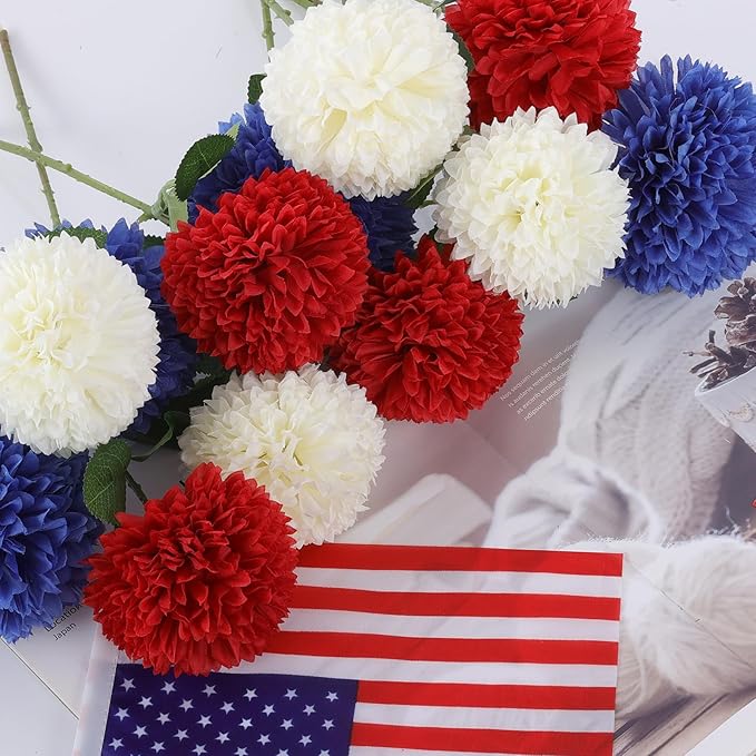 Hananona 12 Pcs Artificial Chrysanthemums Flowers Patriotic Flower, 4th of July Fake Mums Flowers Silk for Home Decor Indoor Memorial Day Table Centerpiece Vase not Included (12, Red, White, Blue)