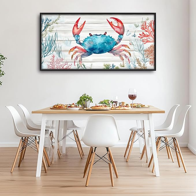 Crab with Coral Large Decor Framed Wall Art Ocean Pictures for Living Room, Nautical Oversized Canvas Print Painting Modern Extra Large Framed Artwork for Bedroom Office Home Decor 60"x30"