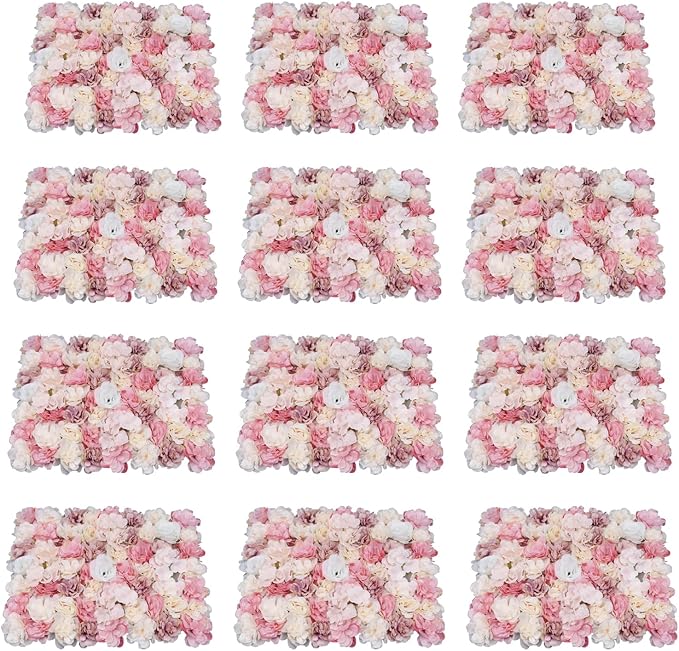 12pcs 24" x 16" Artificial Flower Wall Panel Background,3D Pink Silk Dahlia Hydrangea Rose Flowers Wall Backdrop for Wedding Party Event Photo Backdrop Wall Decor (Type 4)