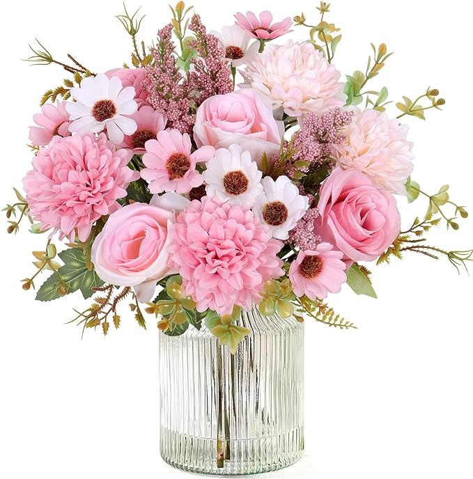 Dremisland Artificial Flowers Like Real Artificial Bouquet 2 Packs Silk Artificial Roses Bouquet with Daisy Chrysanthemum Pink Flowers for Centerpiece Table Wedding Party Home Decor
