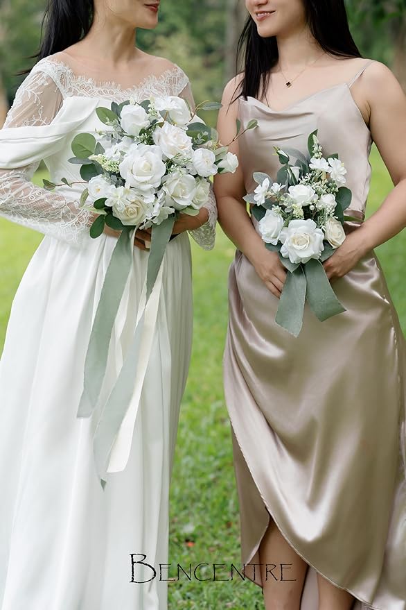 10 Inch White&Greenery Bridal Bouquet,Wedding Bouquet,Bride Bouquets for Wedding Ceremony Anniversary, Party and French Rustic Vintage Wedding,Artificial Flowers…