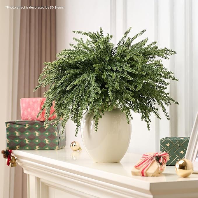 30Pcs 18'' Norfolk Pine Stems Realistic, Lifelike Christmas Greenery Pine Branches for DIY Wreaths, Vase Fillers, Indoor Outdoor Decor, Real Touch Christmas Decorations for Table, Mantle