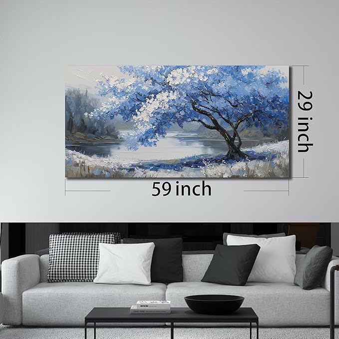 JuhaiArt Scenery Picture Wall Decorations Large Tree Wall Art Blue Canvas Wall Art for Living Room Bedroom Office White Poster 29"x 59"