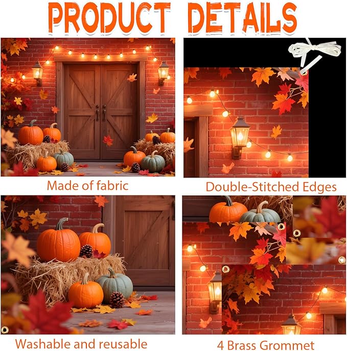 Large 7x5FT Fall Autumn Backdrop – Fall Photography Background with Pumpkin, Maple Leaves & Barn Wood (Includes 19.68FT Ribbon) – Thanksgiving, Friendsgiving, Harvest Party Decor, Photo Booth Props