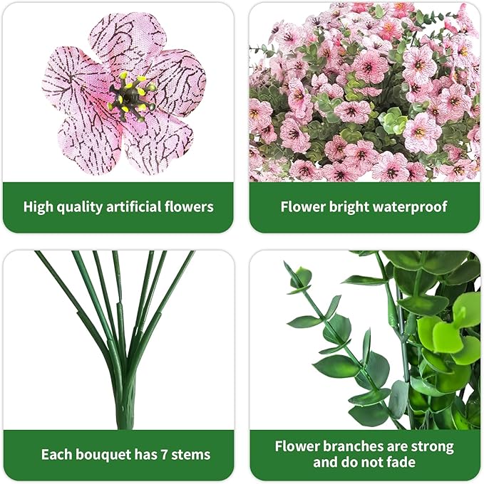 Artificial Flowers for Outdoor Indoor Garden Home Decoration, Faux Flower Daisy with Eucalyptus Leaves Fake Plants Greenery Boxwood Porch Patio, 12 Bundles