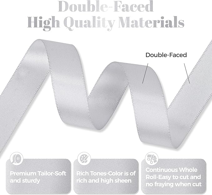 Silver Satin Ribbon, Double Faced 5/8 Inch X 50 Yards Silver Ribbon, Premium Satin Ribbon for Gift Wrapping, Crafts, Hair Bow Making, Sewing, Flower Bouquet, Wedding Party Decor