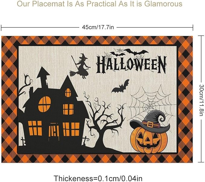 Halloween Placemats Cartoon Retro Funny Horror Castle Spider Web Magic Witch Pumpkin Bat Pumpkin Placemats Table Kitchen Dining Party 12x18 Inch Set of 6