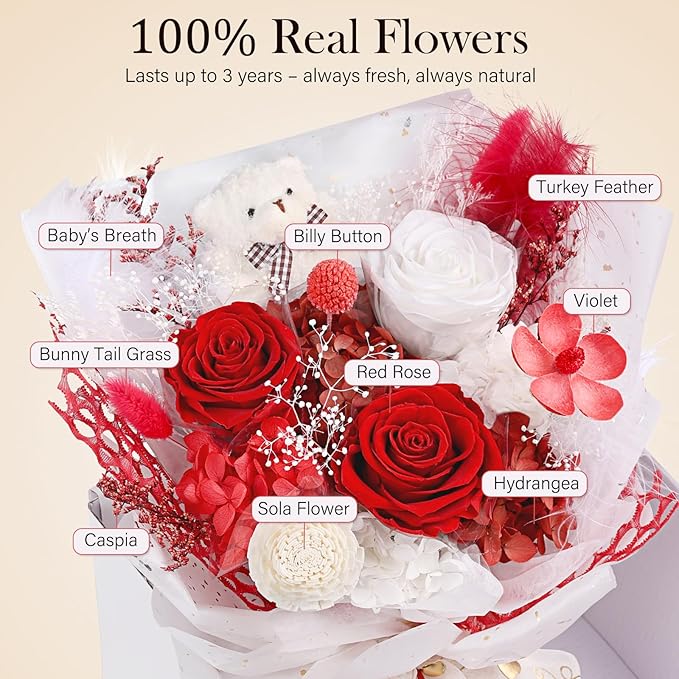 Preserved Flowers Bouquet with Bear, 3 Real Forever Flowers for Delivery, Long-Lasting Red Eteranl Roses Bouquet Birthday Gifts for Women Teenage Girls Girlfriend Mother Wife Her
