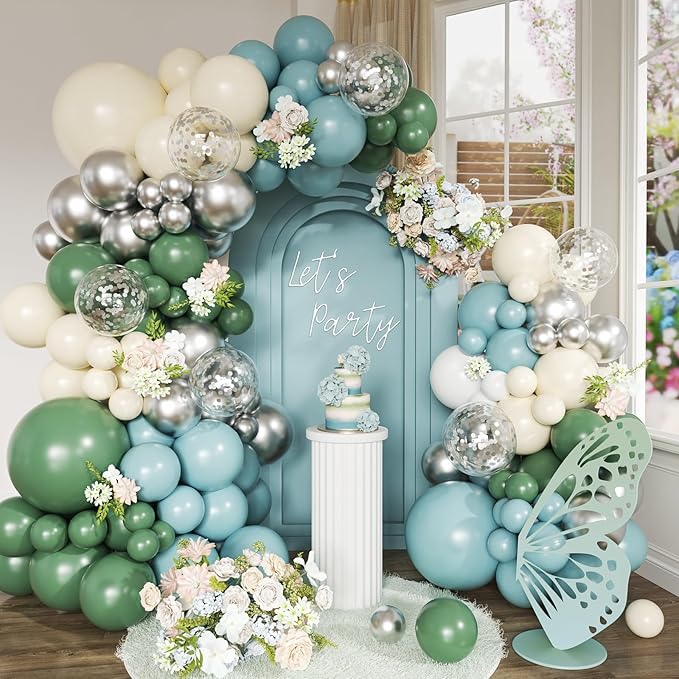 Retro Bean Green Balloon Arch Kit, 145Pcs Dusty Blue White Pastel Beige Sliver Confetti Balloons for Baby Bridal Shower Wedding Engagement Birthday Party Decorations