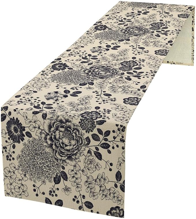 Boho Floral Table Runner, Vintage Rose Peonies Hydrangea Flower Botanical Aesthetic Gothic Beige Black Garden Table Runner for Indoor Outdoor Home Party Holiday Decor, 13x70inch