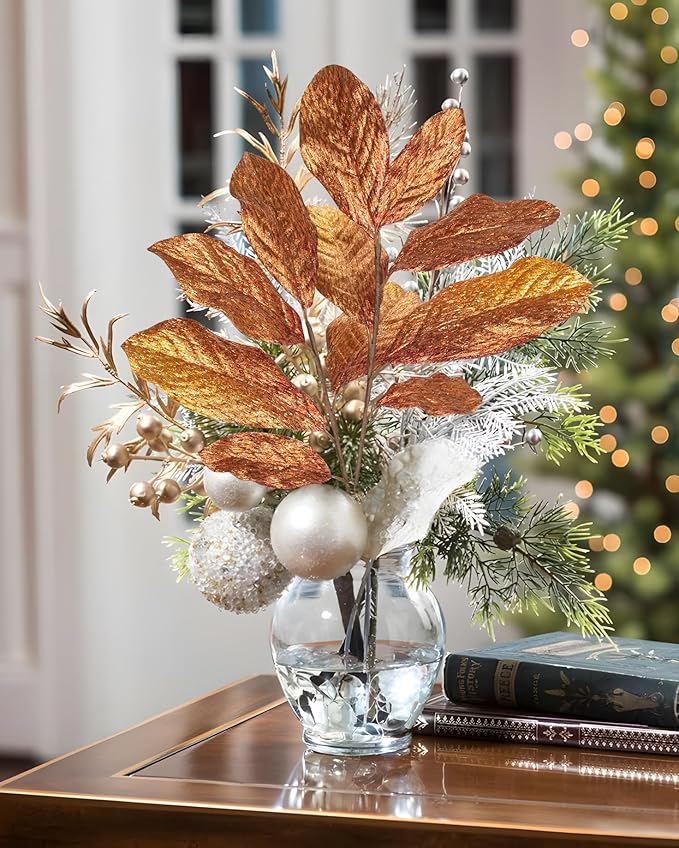 3PCS Bronze Glittered Artificial Leaf Spray Picks 31 inch Tall for Christmas Winter Autumn Wreath Tree Swag Floral Arrangment Vase Holiday Wedding, Bronze