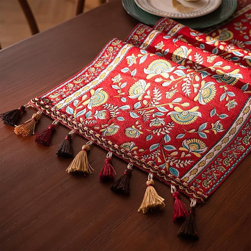 13×72 Inch Table Runner, Retro-Luxury Tassels Series for Kitchen Dining Table Holiday Decoration (Red Branch)