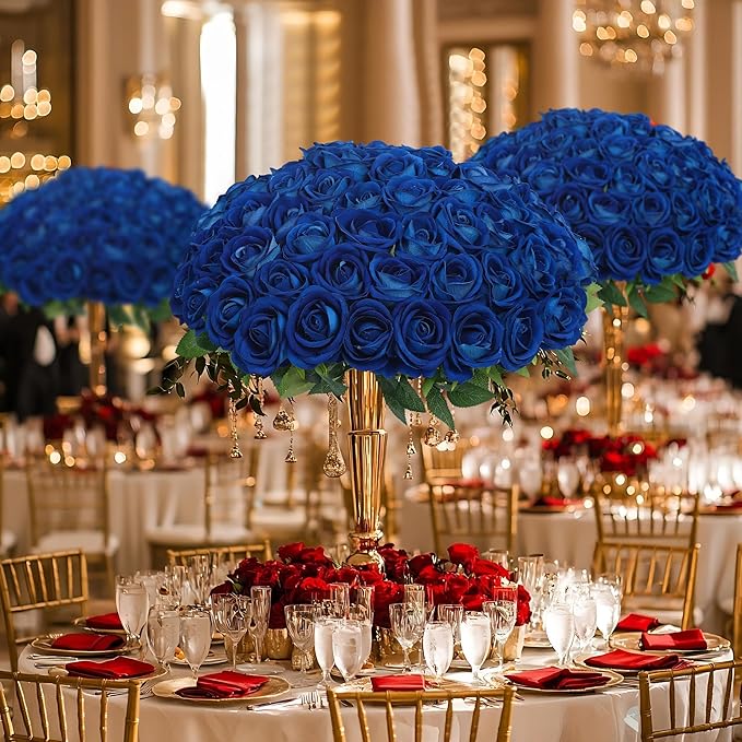 LFF Premium Artificial Royal Blue Roses - 50Pcs Realistic Velvet Faux Roses with Long Stems for Wedding Bouquets, Centerpieces, Proposals & Home Decor (Blue)