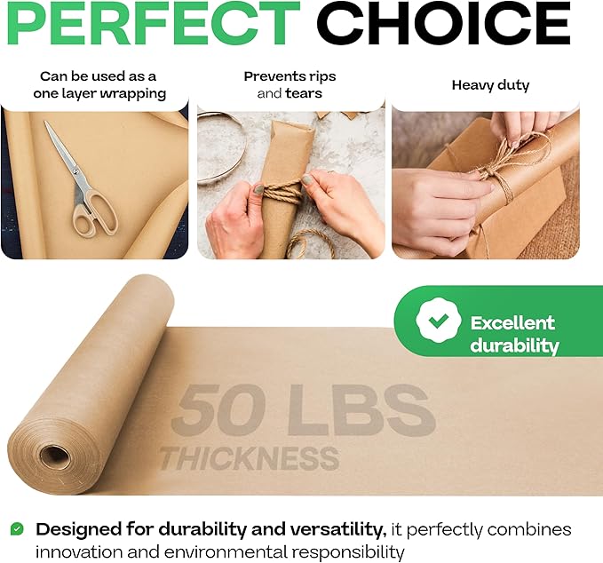 Brown Paper Roll 36" x 1800" (150 feet) - USA-Made Wrapping Kraft Paper 50lb Thickness for Packing, Moving, Shipping, Crafts, Arts, Birthday Party - 100% Recycled Gift Wrap Material by IDL Packaging