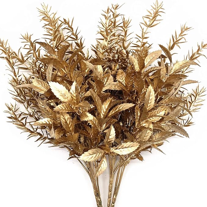 CATTREE Artificial Gold Plants for Christmas, Golden Leaves Plant Plastic Faux Shrubs Fake Simulation Spiky Grass Bushes for Indoor Outdoor Wedding Decoration Hall Table Planter Filler 4 Pack