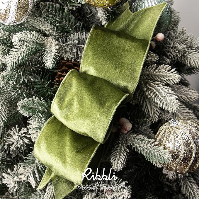 Ribbli Olive Green Velvet Wired Ribbon 4 Inch Velvet with Satin Christmas Ribbon for Gift Wrapping Christmas Tree Decoration Crafts Wreaths Supplies-Continuous 10 Yards