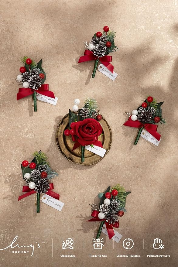 Ling's moment Boutonniere for Men, 6pcs Groom Groomsmen Boutonniere, Artificial Flowers for Wedding Decor/Prom/Homecoming, etc.Christmas Red Berry