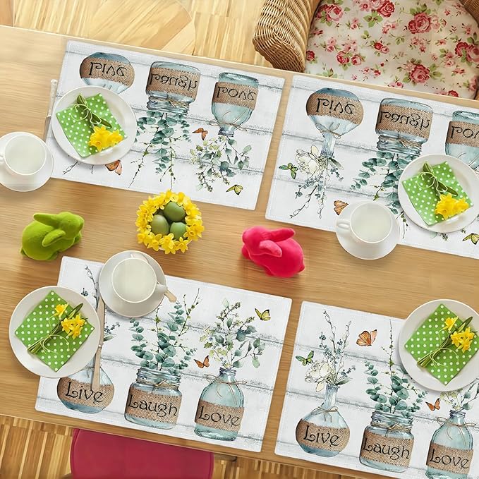Eucalyptus Placemats Set of 4 Farmhouse Green Botanical Table Mats Washable Place mats for Home Party Indoor Kitchen Dining Table Decoration 12x18 Inch