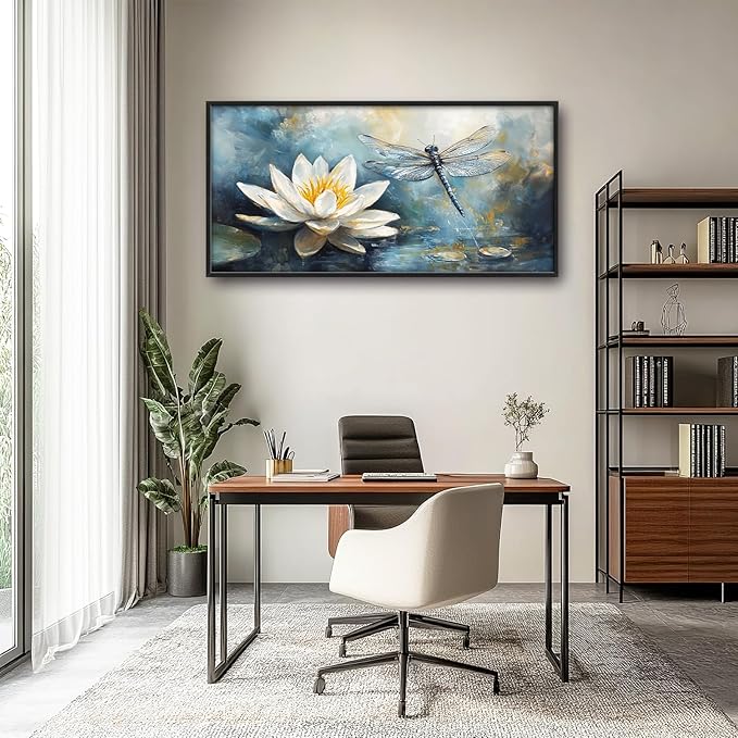 Extra Large Lotus Dragonfly Framed Wall Art for Living Room,Abstract Blue Lotus Flower Lake Pictures Wall Decor,Nature Canvas Print Painting Modern Artwork Bedroom Office Bathroom 60L x 30W