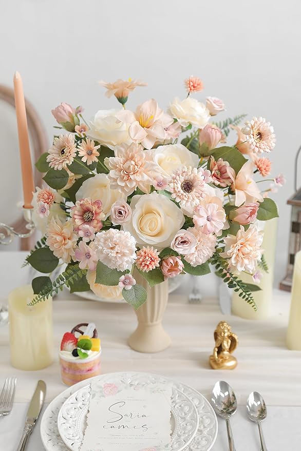 Fake Flowers Heads Bulk Champagne Mini Artificial Silk Flower for Crafts, Small Artificial Daisy Roses Faux Flowers for Graduation Cap DIY Cake Wedding Party Home Garland Decoration