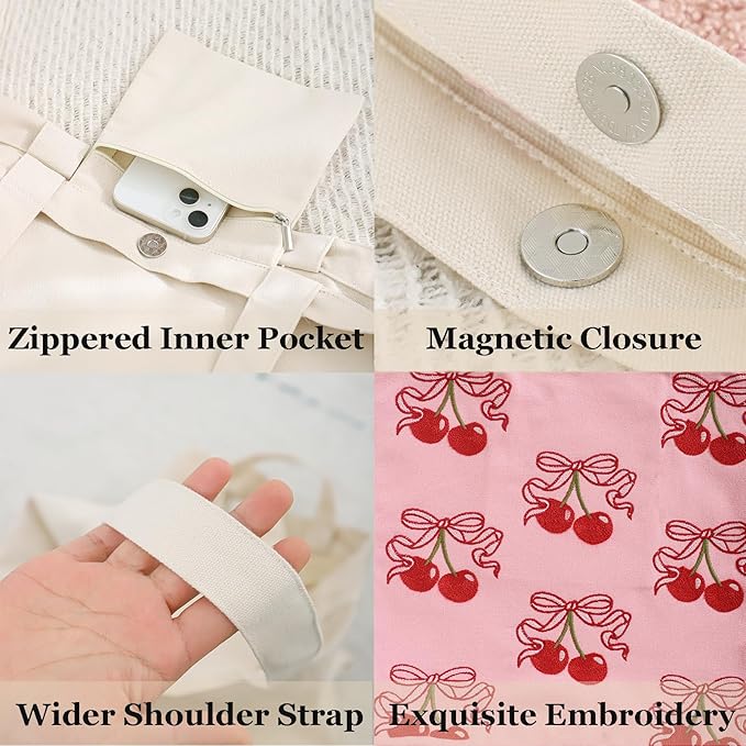 Aesthetic Embroidery Tote Bag for Lady Cute Reusable Canvas Shoulder Bag for Girls Women Shopping Grocery