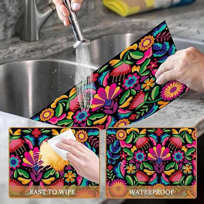 Colorful Floral Mexican Placemats Set of 6 Washable Table Mats for Kitchen Dining Table,Heat-Resistant Place Mats for Indoor Outdoor Party Holiday Decoration