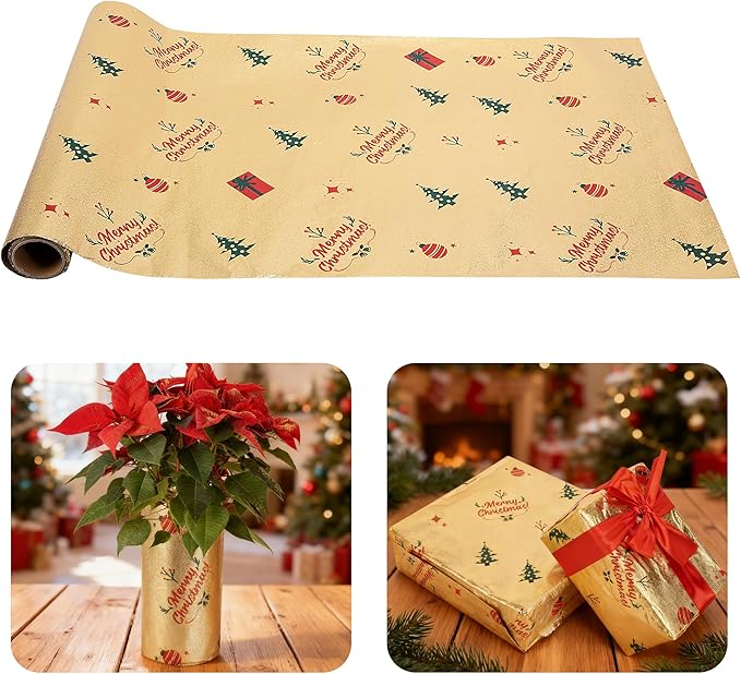 Adnee 10 Yard Floral Foil Plant Pot Covers,Matte Texture Christmas Plant Pot Foil with Patterns,Golden Floral Pot Wrapping Paper for Christmas Home Flower Pot DIY decor