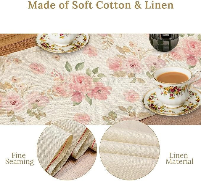 Vintage Rose Table Runner, Watercolor Romantic Pink Floral Blossoms Table Runner for Kitchen Dining Holiday Party Home Decor, 13x60 Inch