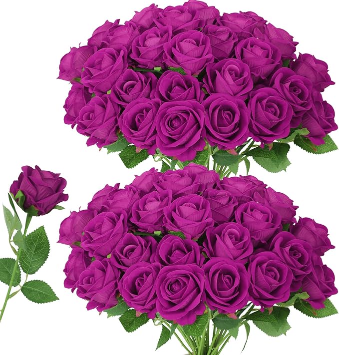 52 PCS Purple Roses Artificial Flowers, Fake Purple Roses, Purple Artificial Roses with Stems for Wedding Flowers Decoration, Valentines Roses, Wedding Decoration