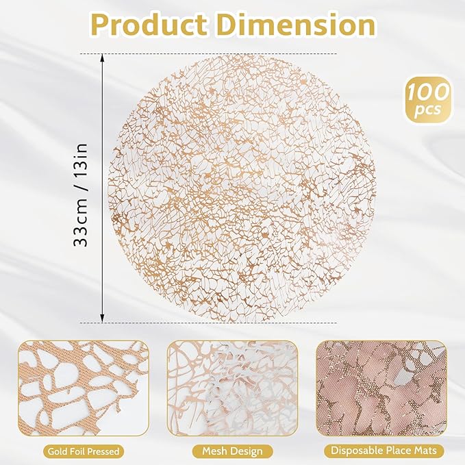 Hysenm 100 Pcs Disposable Champagne Placemats Set Metallic 13 Inch Round Table Doilies, Ultra-Thin Messy Lines Disposable Placement Mats for Home Decoration Dining Table Wedding Birthday Party