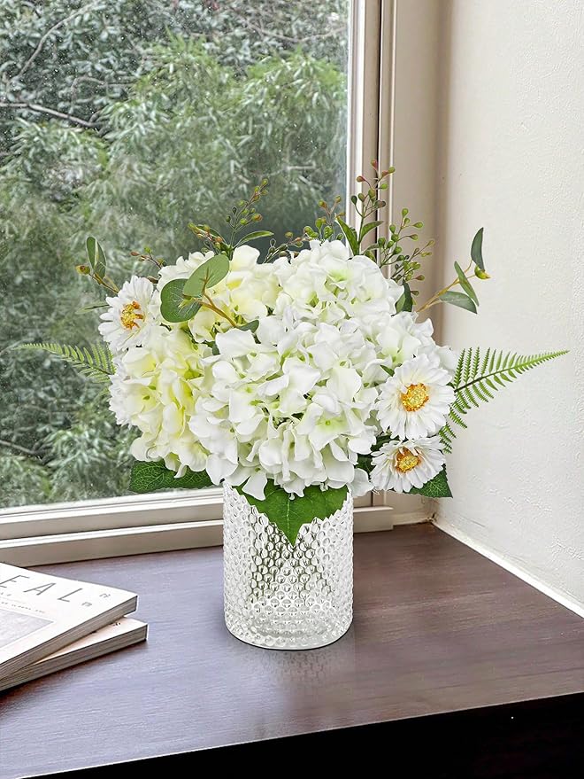 Hydrangea Artificial Flowers 12PCS White Faux Flowers Fake Hydrangea Daisies Silk Arrangements Realistic Fake Flowers for Vase Floral Centerpiece Arrangements Wedding Bridal Bouquet Party Home Decor