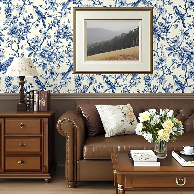 Floral Peel and Stick Vintage Animal Wallpaper Blue Bird Removable Botanical Leaf 17.7" x 236.22" Wall Paper Watercolor Self Adhesive Contact Paper for Classroom Bedroom Laundry Room Bathroom
