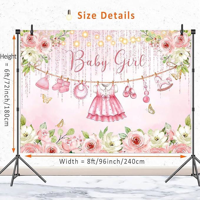 Pink Floral Baby Girl Baby Shower Backdrop Decorations,Cute Clothes Its a Girl Banner Back Drops Rose Gold Flower Photography Background for Baby Shower Party Supplies Photo Booth Props 8x6ft