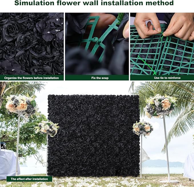 Artificial Flower Wall Panels - 12-Piece Set of 15x15 Inch Black Silk Roses Floral Backdrop Ideal for Wedding Celebrations, Festive Party Background and Elegant Home Decor
