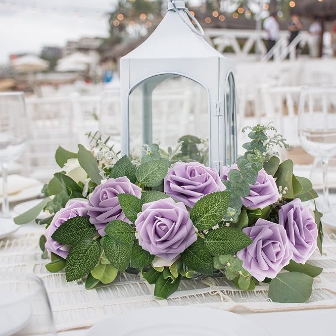Mocoosy 50Pcs Rose Artificial Flowers, Lilac Fake Roses for Decorations, Light Purple Foam Rose Bulk with Stem DIY Wedding Bouquets Floral Arrangements Bridal Shower Centerpiece Party Home Table Decor
