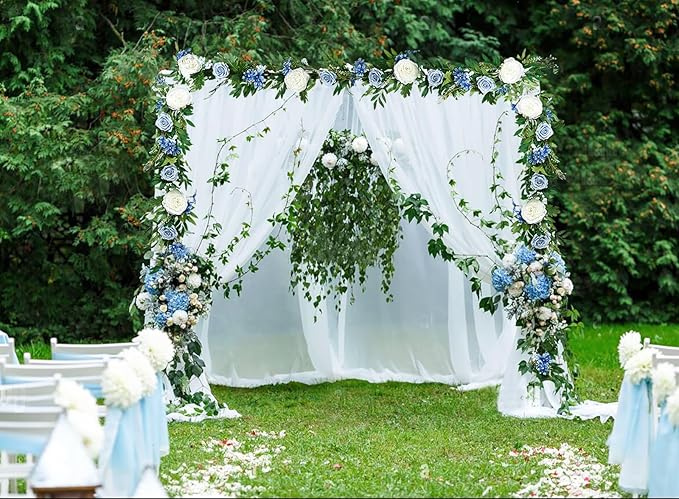 2 Pack Artificial Peony Flower Garland - 6ft Silk Peony Garland Flower Vine Blue and White Peony Silk Roses Flowers for Wedding Arch Party Table Decor (2, Blue)