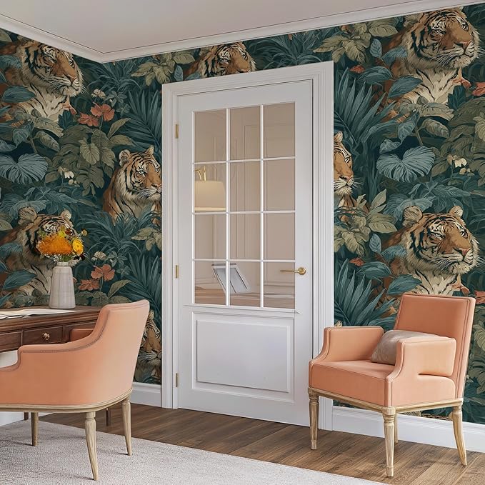 Jungle Peel and Stick Floral Bird Contact Paper Fierce Tiger Removable Botanical Leaf Wallpaper 17.7" x 118.11" Wall Paper Watercolor Self Adhesive for Classroom Bedroom Laundry Room Bathroom