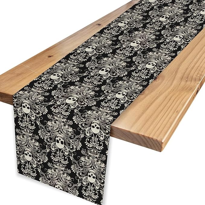 Gothic Table Runner, Black Damask Skull Boho Vintage Art Print Linen Table Center Decor Family Kitchen Outdoor Farmhouse Holiday Party Table Decorations 13x108 inch
