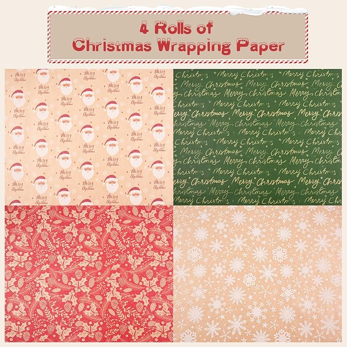 Happypapa Christmas Wrapping Paper, Kraft Xmas Wrapping Paper Rolls - Santa Claus, Trees, Snowflakes and Merry Christmas Pattern - 4 Rolls - 17 Inch × 120 Inch Per Roll
