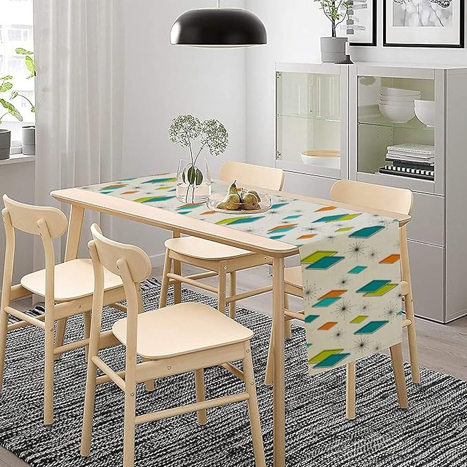 Mid Century Table Runner, Modern Atomic Pattern Absctract Geometric Retro Dinner Runner for Home Kitchen Dining Table Decoration, 13x36 Inch