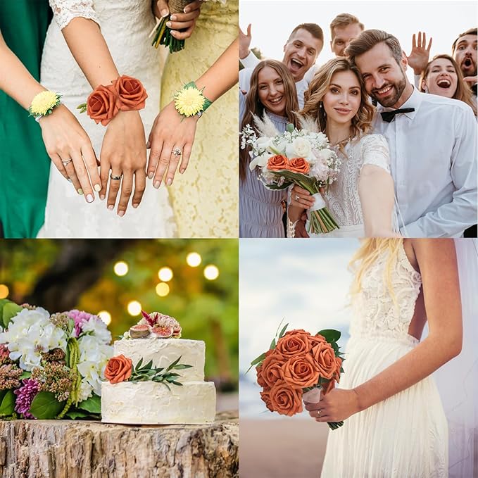 100PCS Burnt Orange Artificial Flowers Realistic Roses, Real Looking Fake Roses with Stem for DIY Wedding Bouquets Centerpieces Bridal Shower Party Home Romantic Decorations (Burnt Orange, 100pcs)