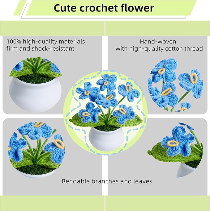 Knitting Crochet Flowers Cute Blue Handmade Forget Me Not Flower Plants Gift for Women Teacher's Day Birthday Anniversary Valentines Christmas Decor for Dashboard Home Office Desk Accessories