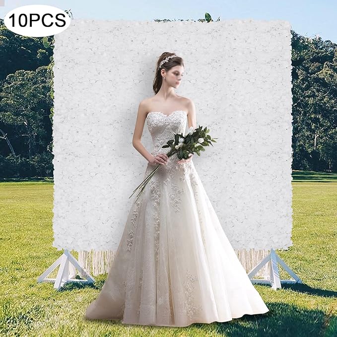 Flower Wall Panels, 10Pcs Artificial Flower Wall 3D Flower Wall Backdrop White Silk Rose Floral Flower Wall Background for Wedding Home (Large Piece White,15.7 * 23.6 in)