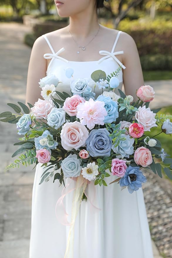 Artificial Flowers Roses Fake Flowers with Stems Blue Pink Artificial Flowers for DIY Bridal Bouquets Faux Flowers Centerpieces for Table Home Decor