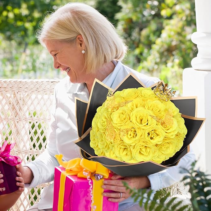 Waipfaru Glitter Roses Bouquet, DIY Yellow Fake Flowers Bouquet, 36 Pcs Rose for Grandma Wife Girlfriend Valentines, Mothers Day, Anniversary, Graduation