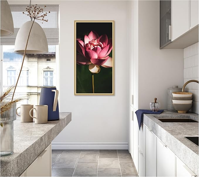 Kate and Laurel Framed Wall Art Print Midnight Lotus Flower by Stephanie Klatt, 22 x 42, Florence Gold Frame, Modern Contemporary, Flower Art for Wall Decor
