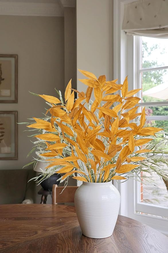 DILATATA 32 inch Gold Artificial Eucalyptus Spray Fall Eucalyptus Leaves Autumn Leaf Branches Faux Fall Stems for Home Floral Arrangement Autumn Festival Thanksgiving Decor