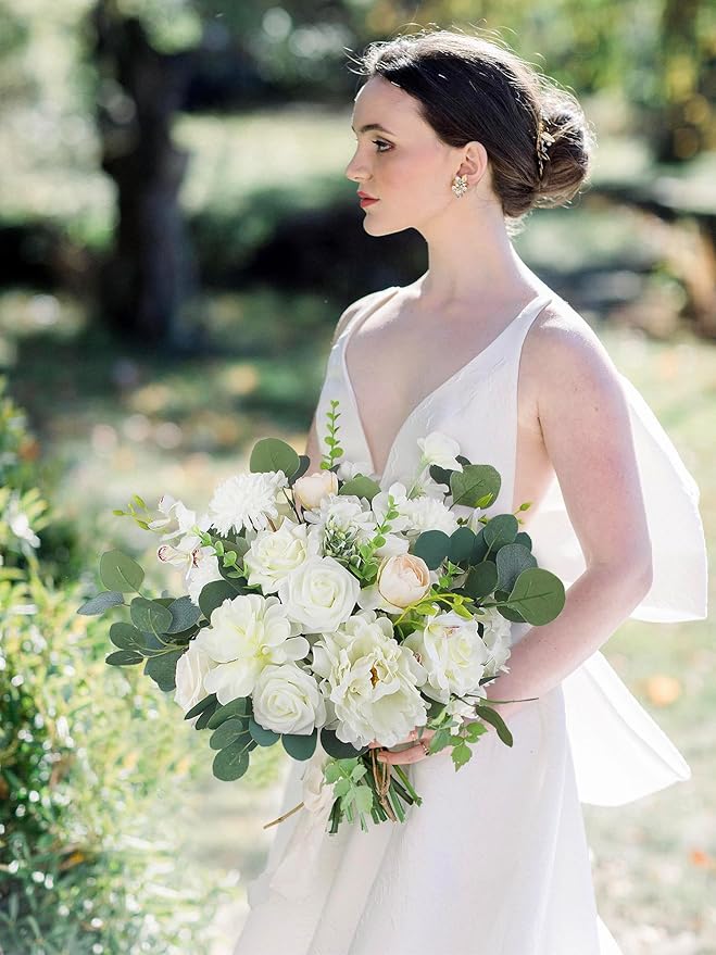 Rinlong 16.5 Inch Wedding Bouquets for Bride White Sage Green Bridal Bouquet for Wedding Silk Real Touch Artificial Flowers