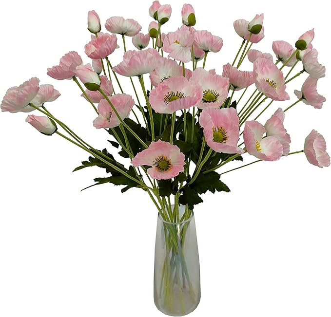 ATFL Pink Poppy Flowers Artificial for Wedding Decorations,12 Pcs Fake Faux Silk Poppies Bulk for Home Decor Table Centerpieces Floral Arrangement(23.5‘’, Pink)