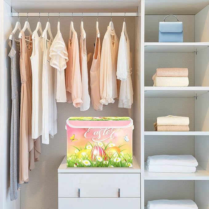senya Easter Storage Baskets Collapsible Storage Bins with Lids, Happy Easter Eggs and Butterfly Storage Boxes Clothes Baskets for Organizing